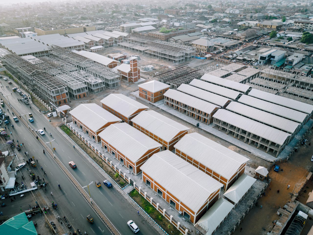 Aerial photo of new market construction in Kaduna, Nigeria, showcasing modern architecture.