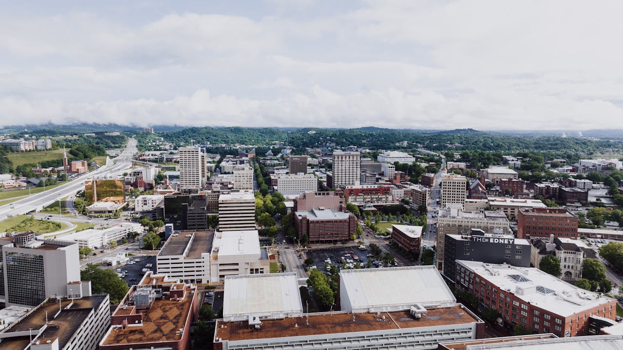 Aerial photography of downtown Chattanooga, Tennessee showcasing urban layout and architecture.